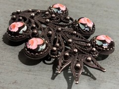 Vintage Russian Rostov Finift Filigree Hand-Painted Porcelain Cabochons Brooch