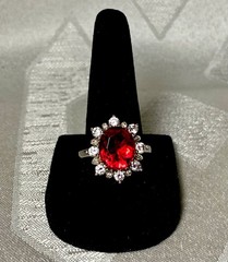 925 Sterling Silver Red & White CZ Halo Ring Size 8 Oval Statement Cocktail