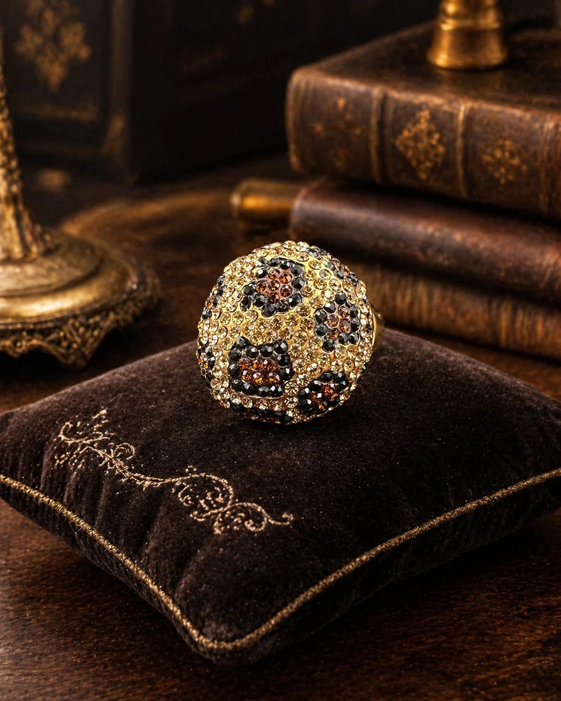Leopard Print Crystal Dome Ring Gold Tone Pave Statement Cocktail Ring Animal Pr