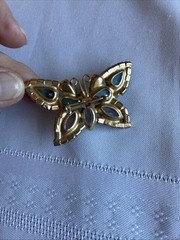Vintage Rhinestone Butterfly Brooch Aqua Teal Gold Tone Mid Century Style