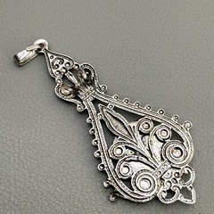 Vintage Victorian Handmade Floral Needlepoint Pendant Silver Tone Teardrop Charm