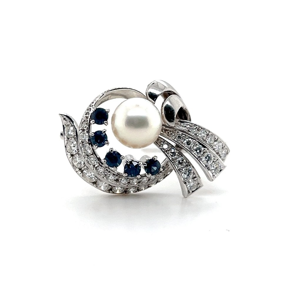 Mid Century Pearl Sapphire Diamond 14k White Gold Brooch 1950s