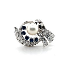 Mid Century Pearl Sapphire Diamond 14k White Gold Brooch 1950s