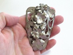 BIG VINTAGE FLORAL DRESS CLIP SILVER METAL LAYERED POPPY FLOWERS FANCY BACK R