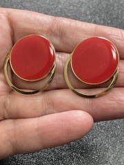 Vintage 1.1” Red Enameled Gold Tone Metal Earrings