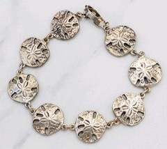 ​Vintage Textured Silver Plated Sand Dollar Link Bracelet Nautical Beach Jewelry