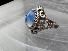 Vintage Blue Opaline Color Shifting Glass Cab Ring Ornate Silver Tone Size 6.5