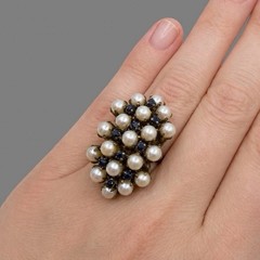 Antique 14k GOLD ▪️ Old ROSE CUT Sapphires & Pearl Vintage Cocktail Ring SZ 6.25