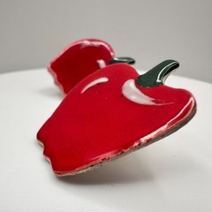 Vintage 90s Red Enamel Apple Earrings Green Leaf Flush Ceramics Fruit Jewelry