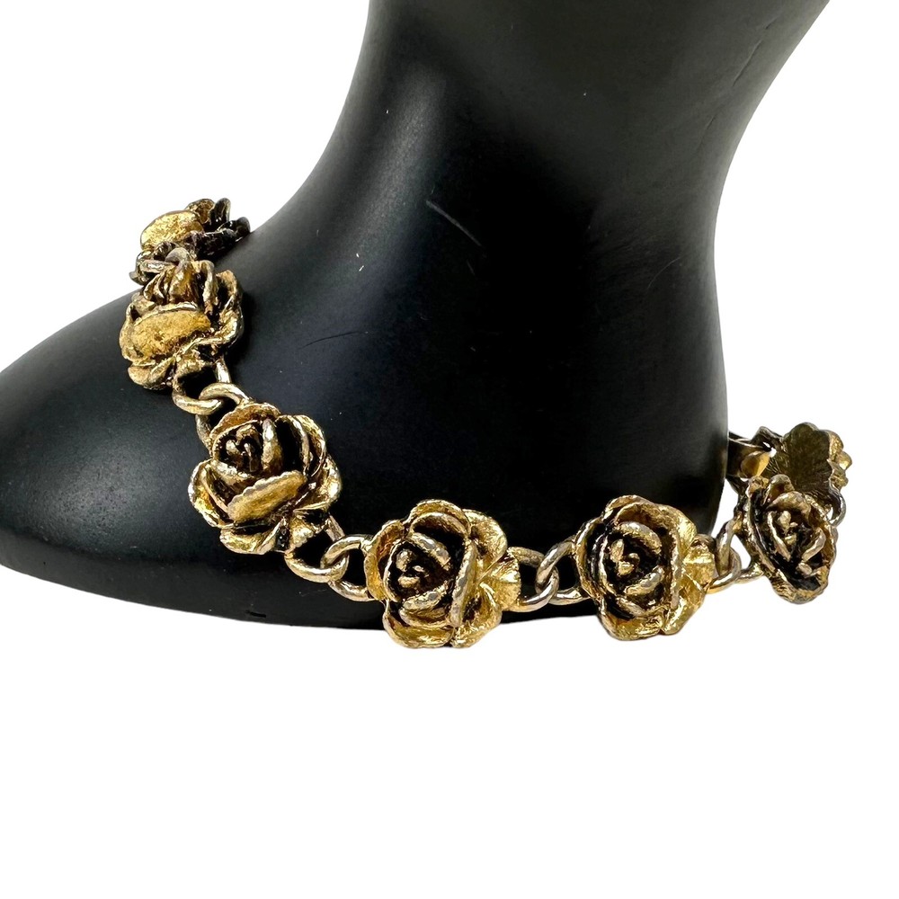 Vintage Gold Tone Dimensional Rose Link Bracelet￼ Fold Over Clasp