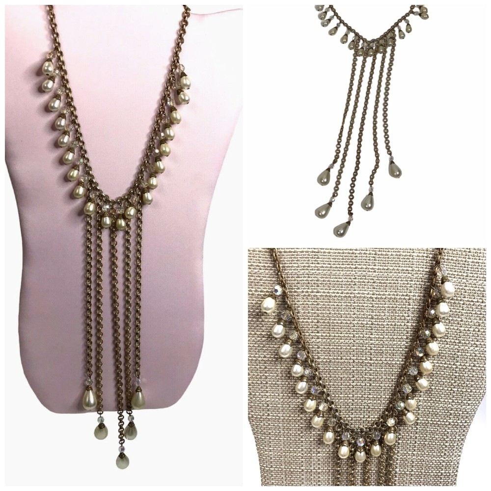 Vintage Art Deco Brass Glass Dangler Faux Pearl Statement Necklace