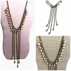 Vintage Art Deco Brass Glass Dangler Faux Pearl Statement Necklace
