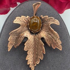 Vintage Renoir Copper Maple Leaf Brooch Brown Stone Cabochon Mid Century Pin