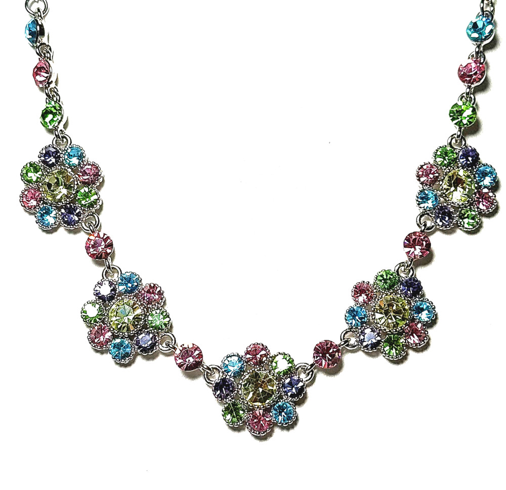Vtg VCLM Necklace – Multi-color Rhinestones – Floral Clusters Silver tone