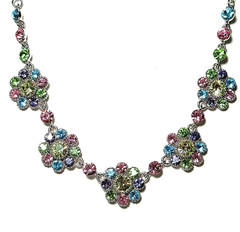 Vtg VCLM Necklace – Multi-color Rhinestones – Floral Clusters Silver tone