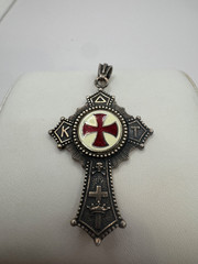 Vintage Red and White Inlay Enamel Sterling Silver Iron Maltese Cross