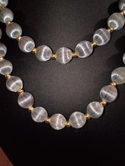 Mid-Century 2-Piece Set Grey Silk Wrapped Bead Necklace & Filigree Berry Brooch