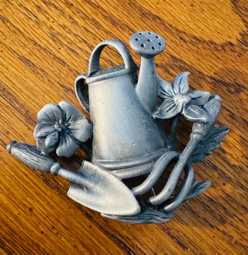 Signed AJC Gardener Brooch Watering Can & Shovel Pewter Tone Figural Pin Vintage