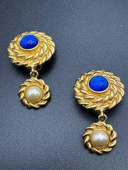 Gold Tone Floral Brooch Earrings Set Statement Purple Blue Green Dangle Drop