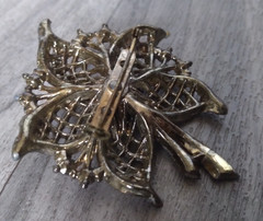Floral Rhinestone Brooch 2.5in Vintage Pink Blue Clear Gold Tone Flower