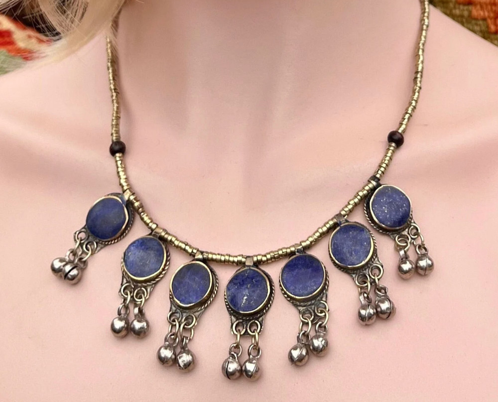 Vintage LAPIS LAZULI Boho Style Necklace with Bells Tribal Fusion Belly Dance
