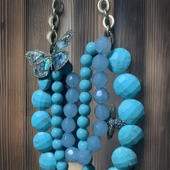 FOSSIL 3 Strand 24” Necklace Rhinestone Turquoise Blue Beads MOP BUTTERFLY & BEE