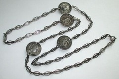30in VINTAGE 1967 CINCO CENTAVOS MEXICO COIN SILVER PLATED ORNATE CHAIN NECKLACE