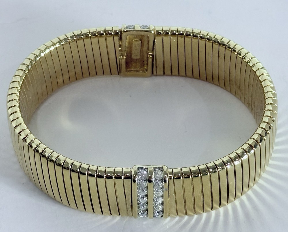 Vintage Monet Designer High End Signed Rhinestone Gold Tone Stretchable Bracelet