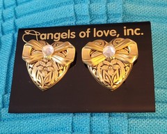 VTG-1995 “Angels of Love” Gold Tone Floral Heart & Rhinestone Earrings By Jane