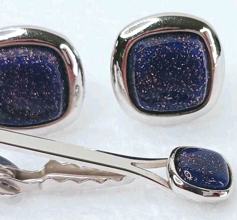 SHIELDS Cufflinks Tie Clasp Set Vintage Copper Sparkle Blue Glass Faux Lapis