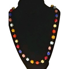 Vintage 1960″s Square Art Glass Beads Bohemian Necklace Multi Color Strand