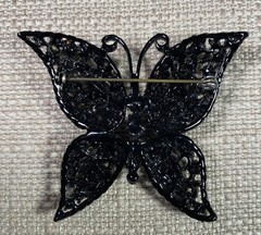 Butterfly Brooch Black Glass Stones