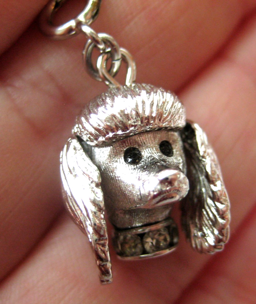 60’s VTG Silver Tone POODLE DOG Bracelet Charm MONET Rhinestone Eyes~Collar