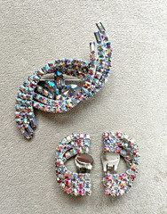 VINTAGE BLUE and PINK AURORA BOREALIS SWIRL BROOCH and EARRING SET