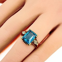 Antique Art Deco Marked 10K Emerald Cut Blue Topaz Diamond Ring Sz 4