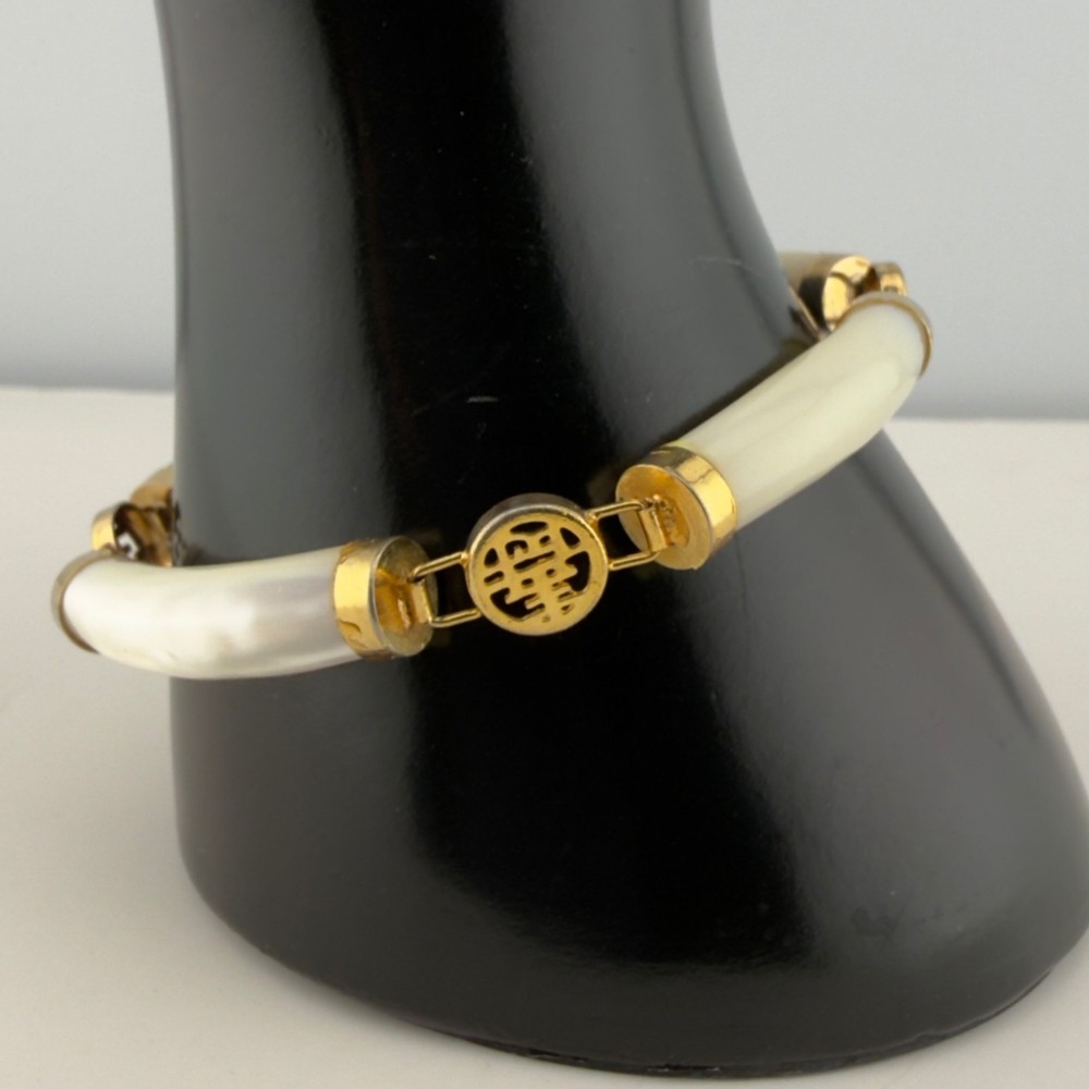 Chinese Longevity Mother Of Pearl Bracelet Safety Chain 7in Gold Tone