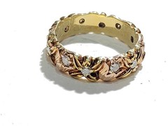 Rare Vintage ArtCarved 14K Yellow & Rose Gold Floral Diamond Eternity Ring- Sz 7