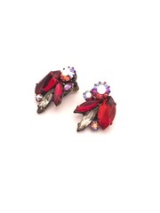 Vintage Austria Red-Grey and Aurora Rhinestone Brooch and Earrings Set