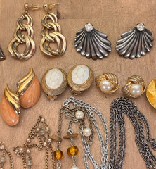 Large Lot of Costume Jewelry, Chains and Fringe Necklace, 10 Pairs Earrings