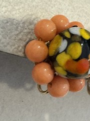 Vintage Murano Style Hand Painted Art Wire Beaded Earrings Colorful Button Coral