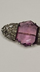 Vintage Marcasite Rhinestones Huge Purple Glass Stone Brooch
