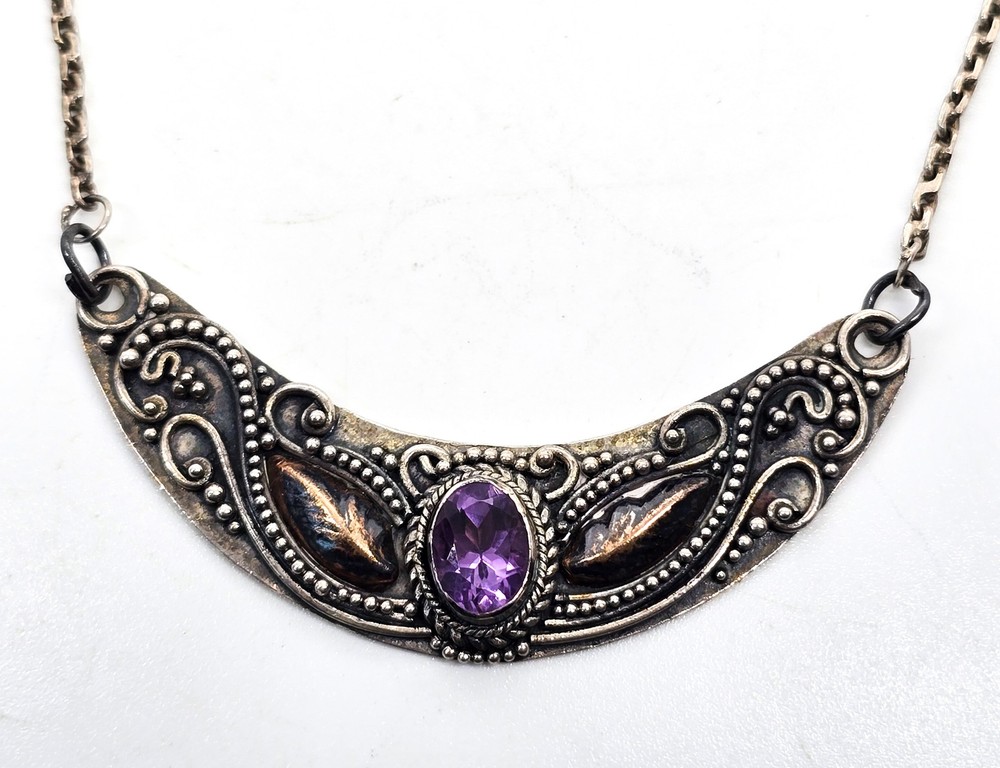 Amethyst Bali Balinese purple sterling silver gold vintage statement necklace