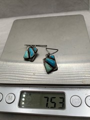 Vintage Southwest Sterling Silver Blue & Green Stone Rectangle Drop Earrings