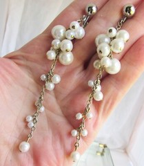 Vintage White Faux Pearls on 4″ Long Chain Earrings Clips Shoulder Dusters
