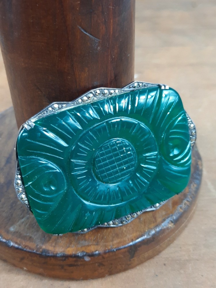 Antique Art Deco Carved Chrysoprase Marcasite Stamped 935 Sterling Brooch Pin