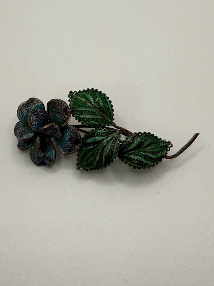 Antique 800 Silver Enamel Filigree Floral Brooch Trombone Clasp Cont’l – c1900
