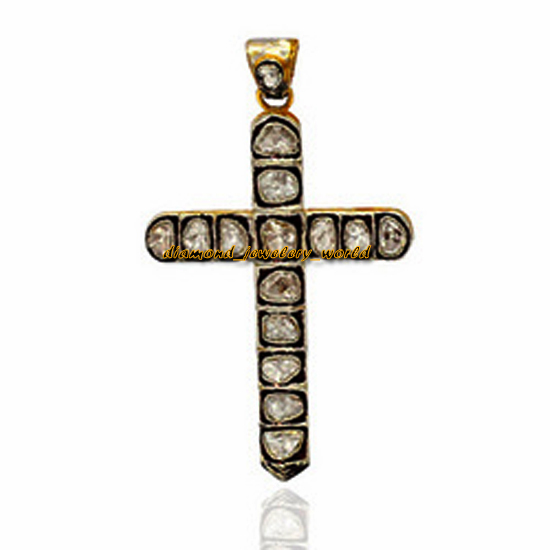 1.51ct Genuine Old Mine Antique Cut Diamond Silver Vintage Cross Pendant Jewelry