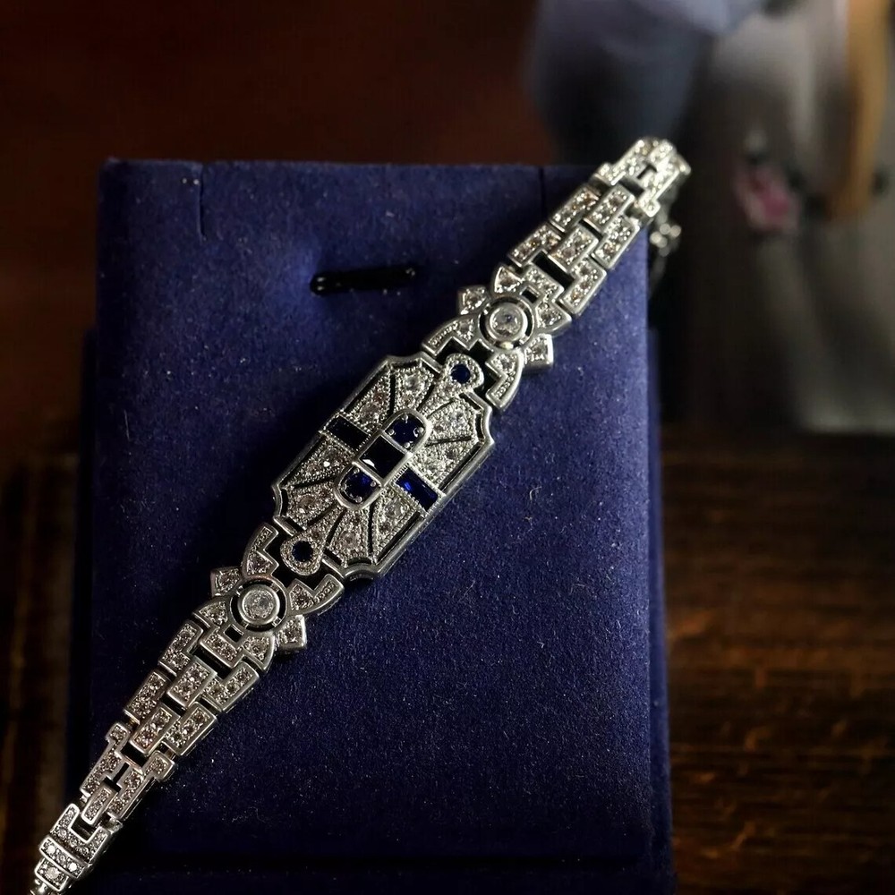 Art Deco Round Cut Moissanite & Sapphire Engagement 925 Sterling SIlver Bracelet