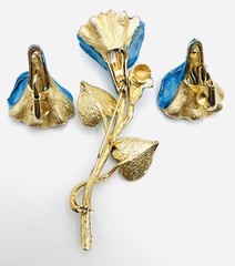 Vintage 1980’s Gold Plated Blue & Yellow Enamel Flower Brooch & Earrings Set