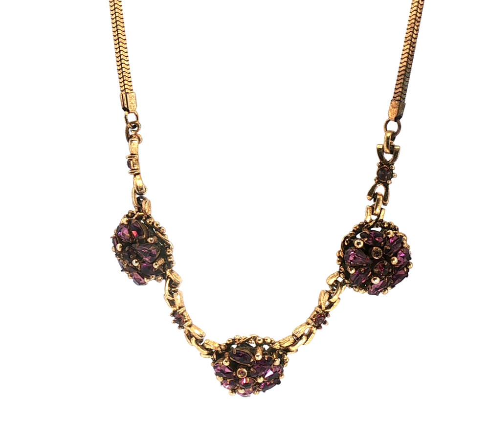 Vintage Barclay Purple Rhinestone Necklace – Gold Tone Cluster Statement Jewelry
